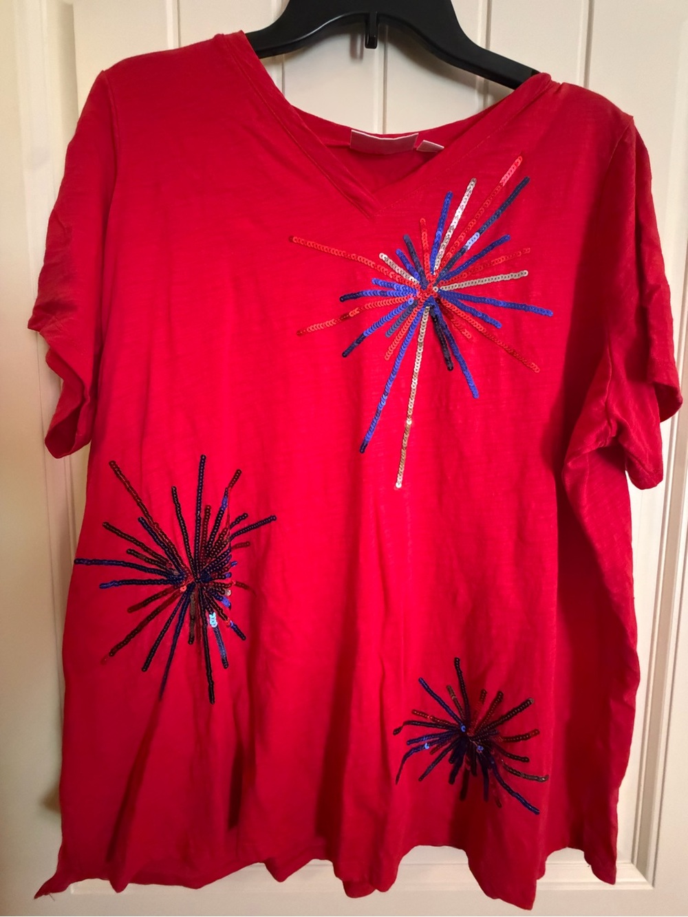 Quacker Factory Red Short Sleeve Tee with Blue & Silver Sequin Starbursts